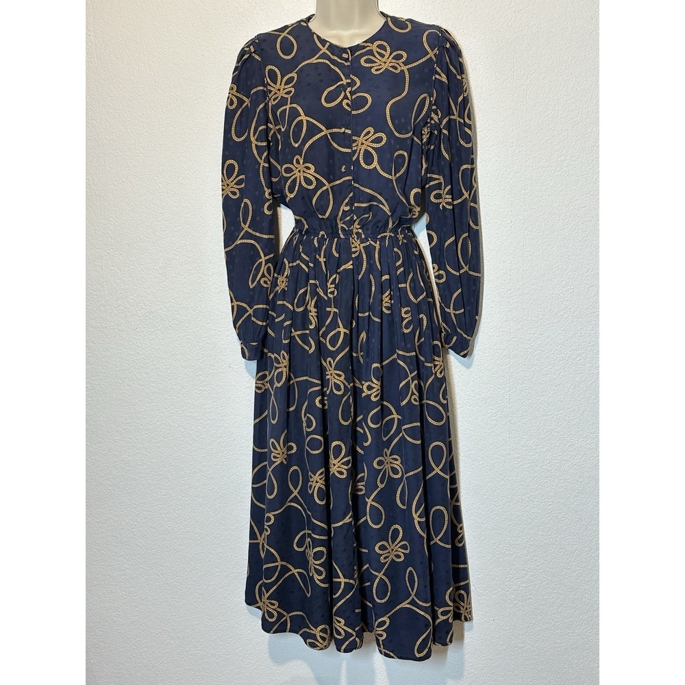 Vtg Maggy London‎ Sz4 Silk Dress Long Sleeve Sheath Elastic Waist Blue W/Ropes